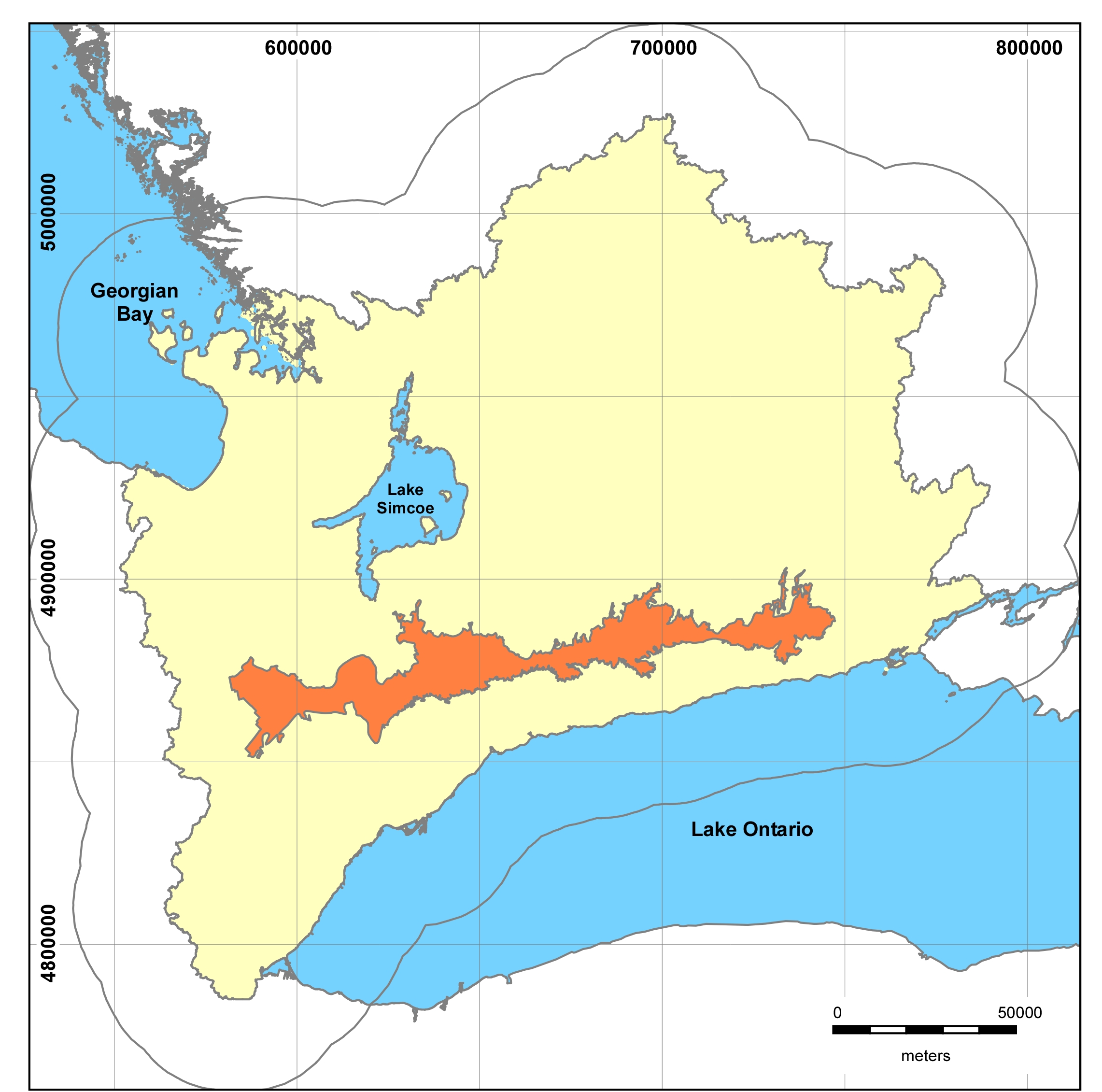 *Figure 1.1.1 Oak Ridges Moraine Groundwater Management Program study area
displayed with a 25km boundary buffer; the Oak Ridges Moraine is also
shown.*