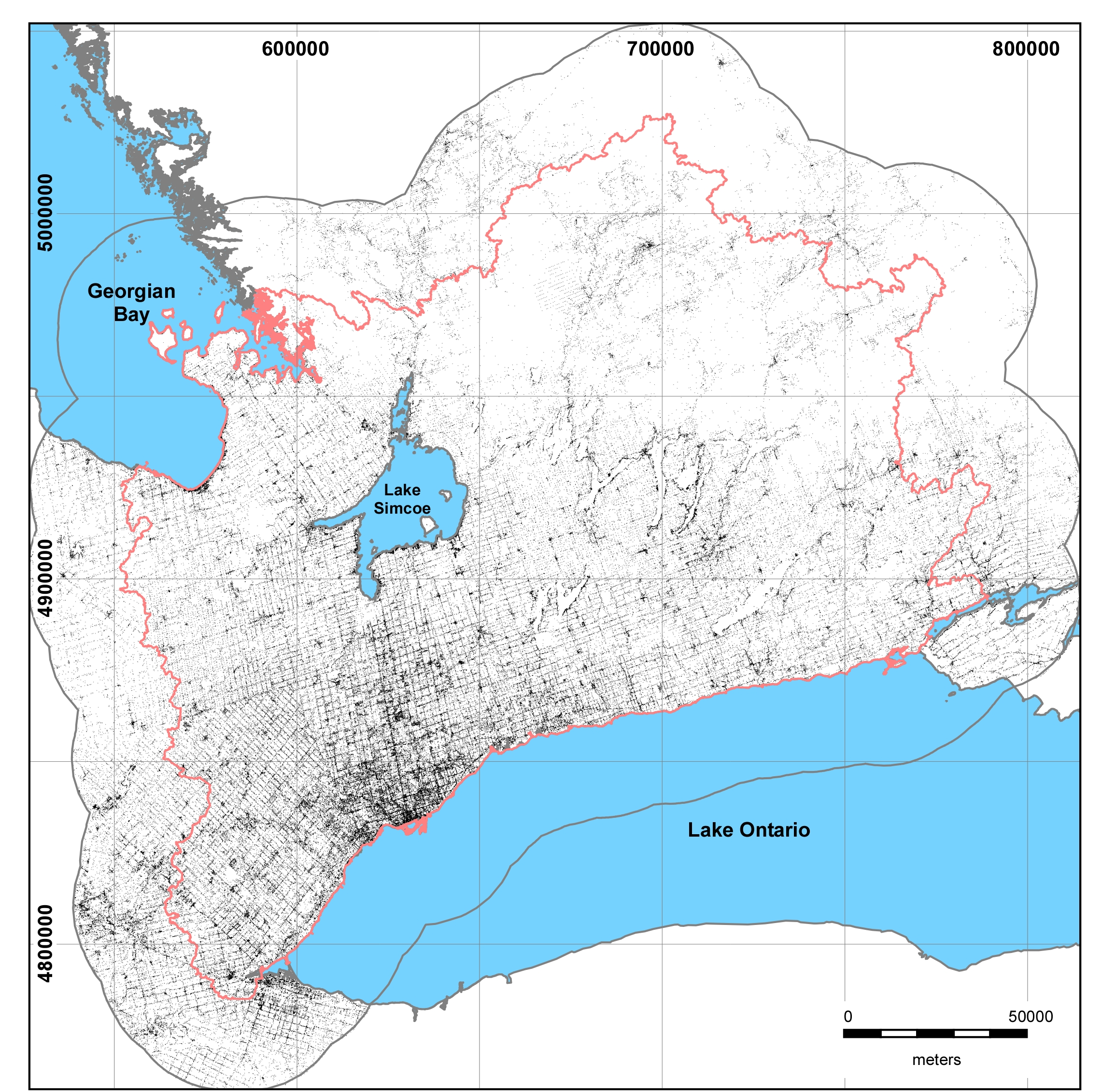 *Figure 1.3.1 The spatial extents of the study area showing locations
(boreholes, climate stations, surface water stations, reports, etc.) currently
residing in the database.*