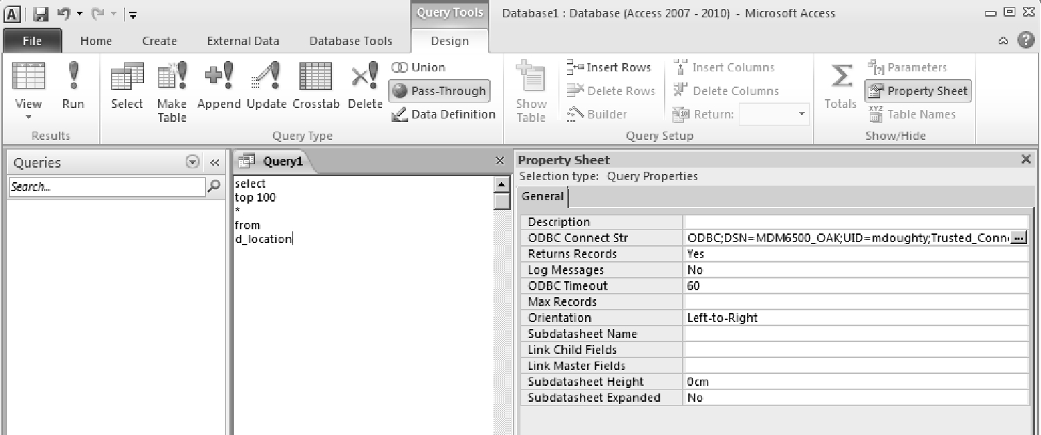 Figure 3.1.2.11 Microsoft Access Version 2007 query and ODBC
timeout