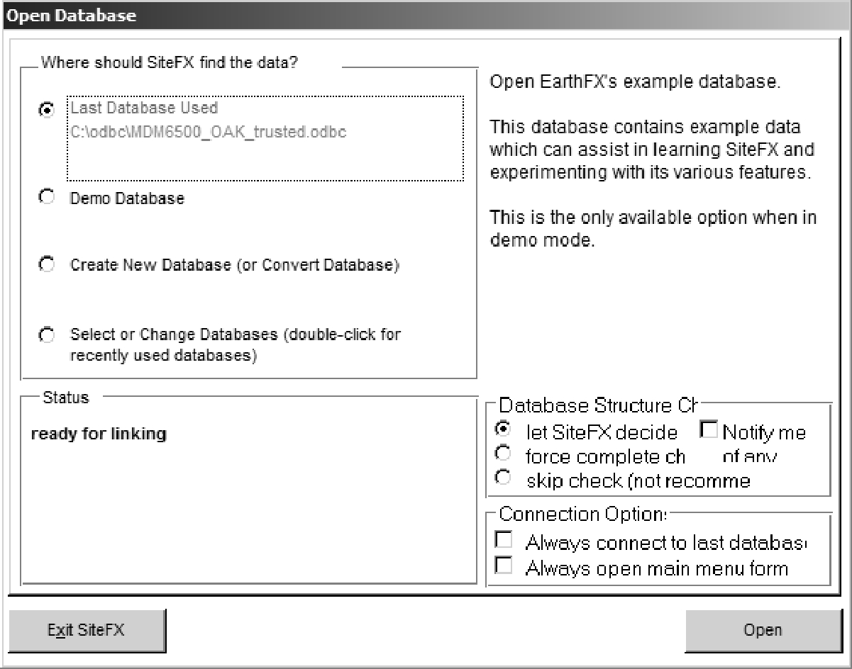 Figure 3.1.5.1 SiteFX - Open Database dialog