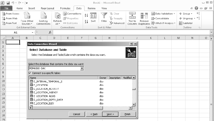 Figure J.1.20 Microsoft Excel 2010 - Select Databse and tables